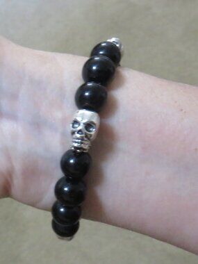 Skull and Black Bead Stretch Bracelet